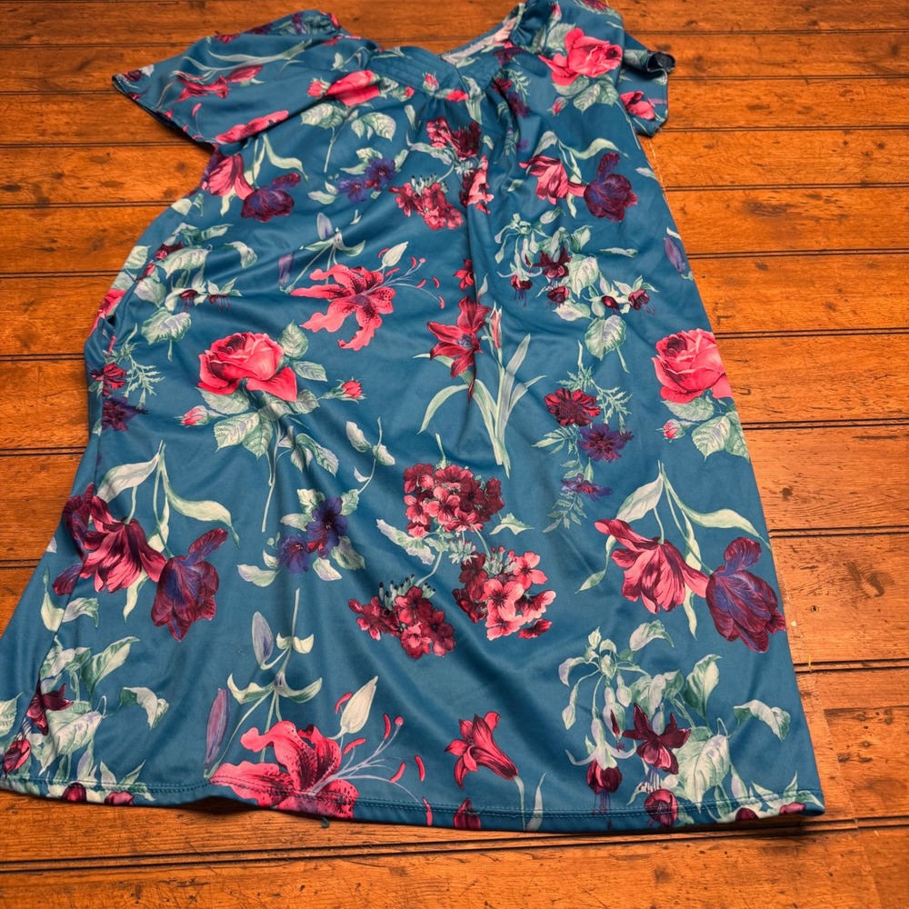 Basic‎ Editions Teal Floral pajama dress Short Sleeve V Neck Women's Small